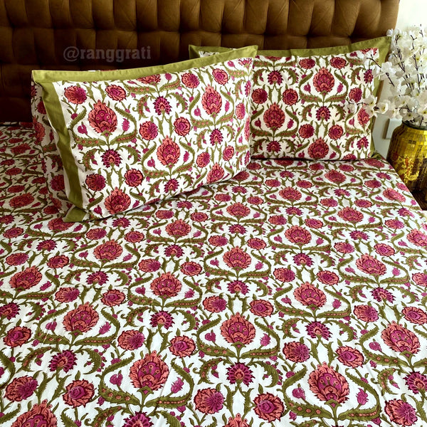 Sap Green Pink Floral Super King Size 250 TC Bedsheet Cotton Hand Block - Bedsheet