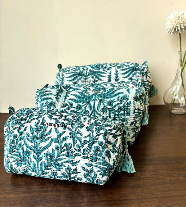 Sea Green Floral Quilted Travel Pouch - Set of 3 - Pouch