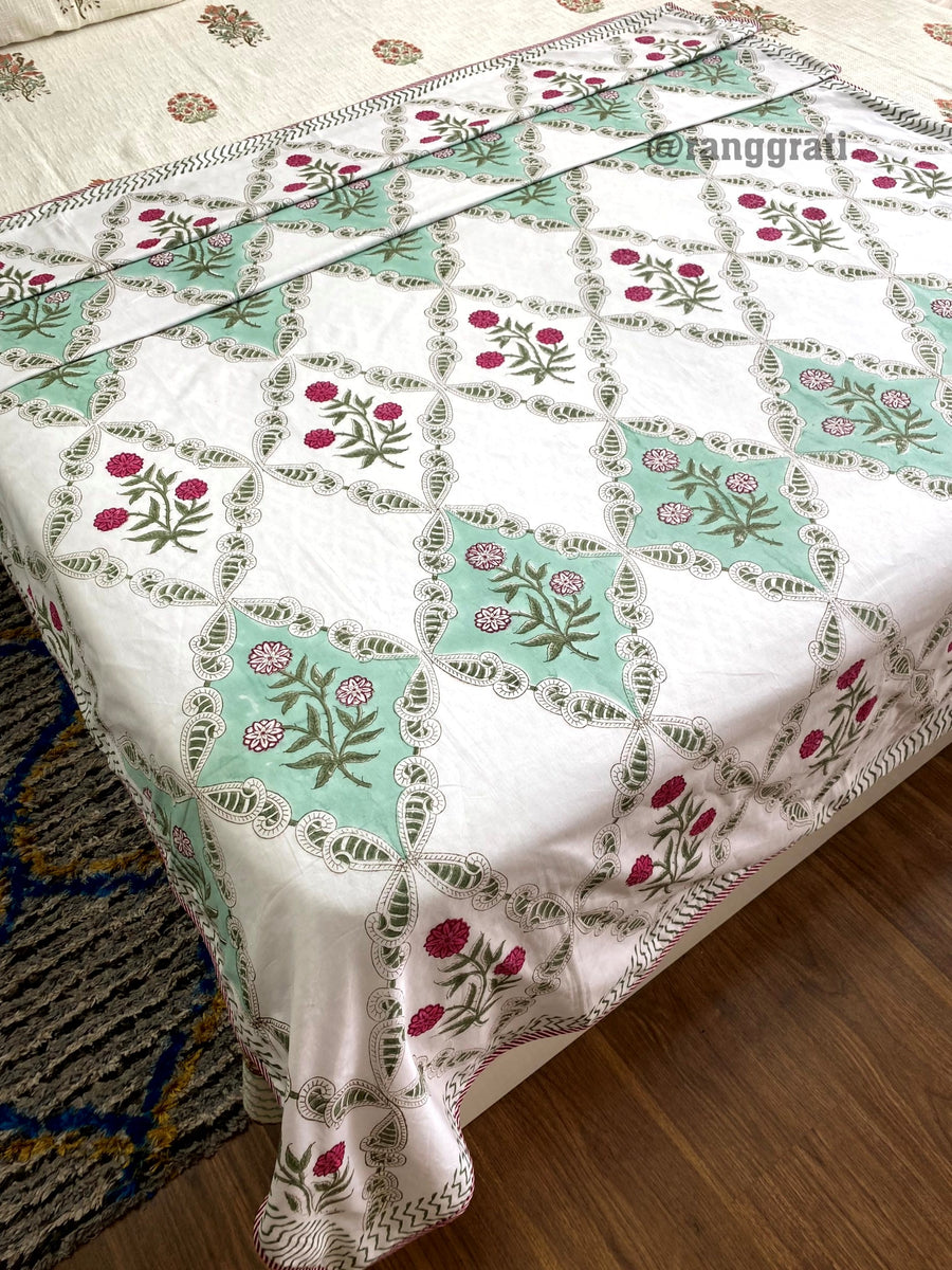 Sea Green Floral Dohar For Single Bed In Mulmul Cotton Reversible