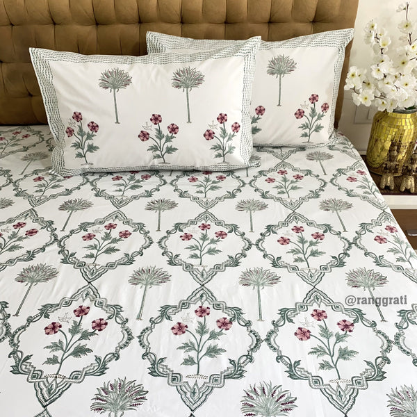 Sea Green Jaal Floral King Size 250 TC Bedsheet Pure Cotton Hand Block