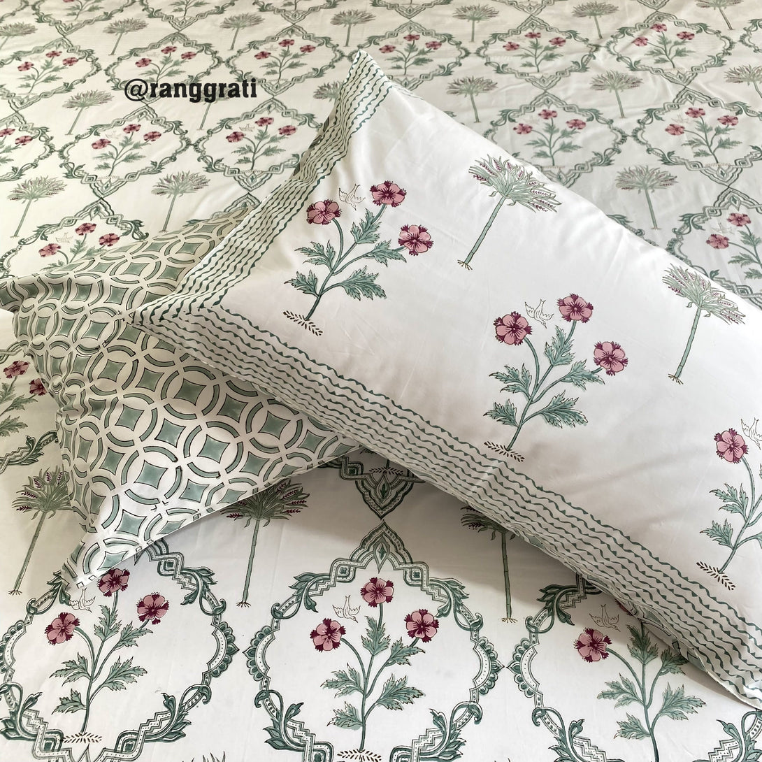 Sea Green Jaal Floral King Size 250 TC Bedsheet Pure Cotton Hand Block With Pillow Covers