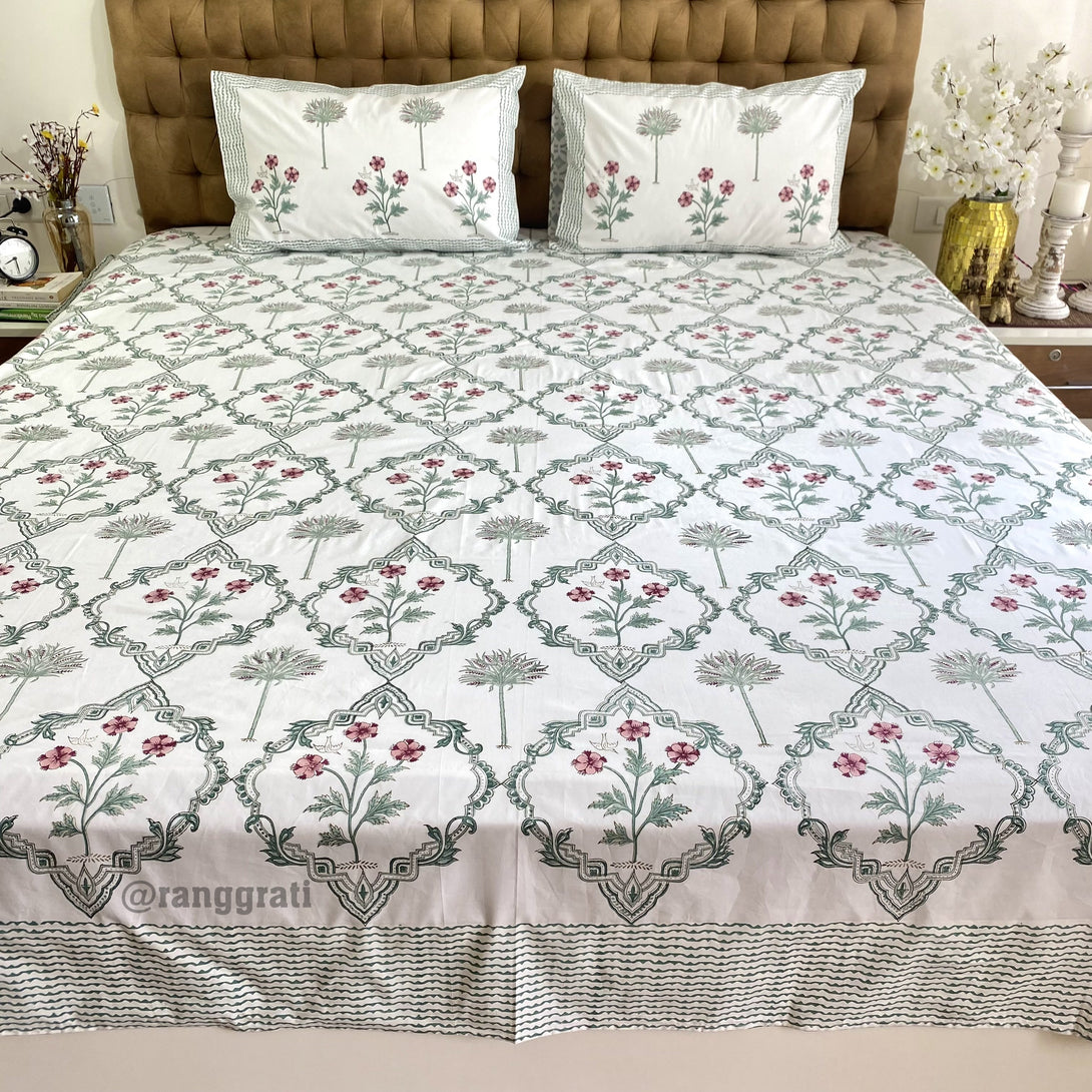 Sea Green Jaal Floral 250 TC Bedsheet Pure Cotton Hand Block King Size