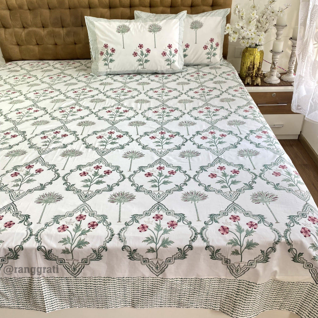 King Size Sea Green Jaal Floral Bedsheet Pure Cotton Hand Block
