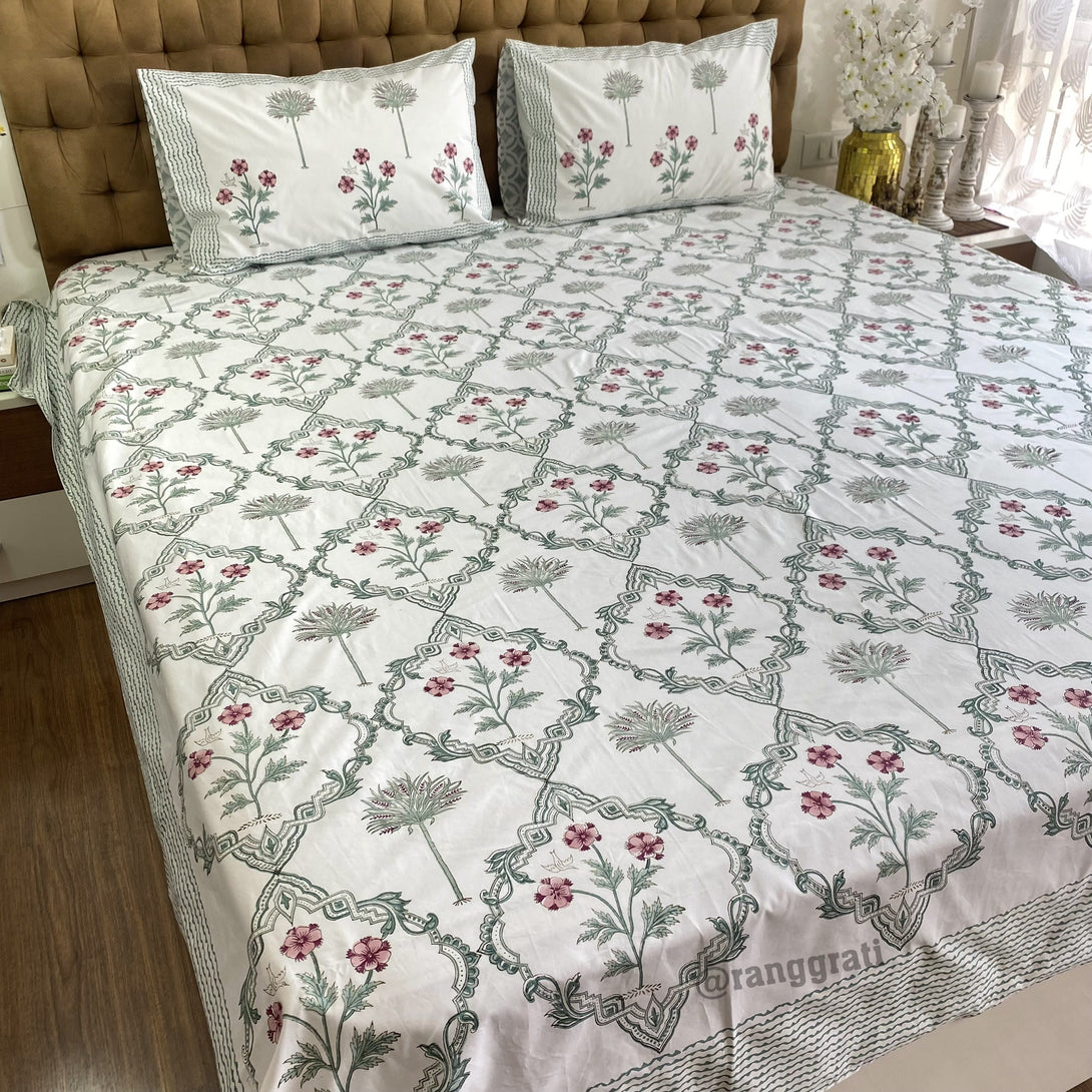 250 TC Sea Green Jaal Floral King Size Bedsheet Pure Cotton Hand Block