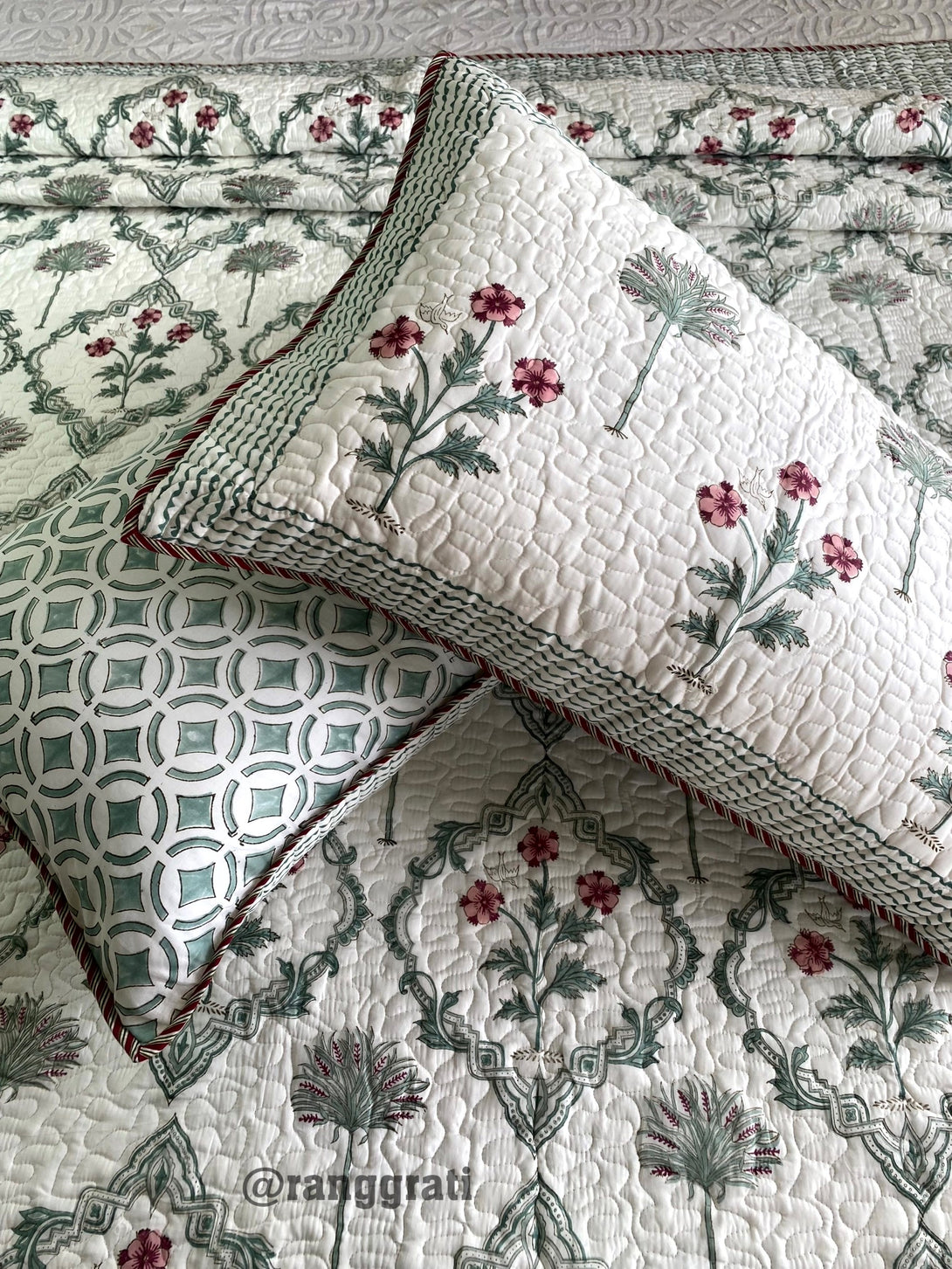 Sea Green Jaal Floral Mulmul Voile Quilted Bedcover King Size With Pillow Covers