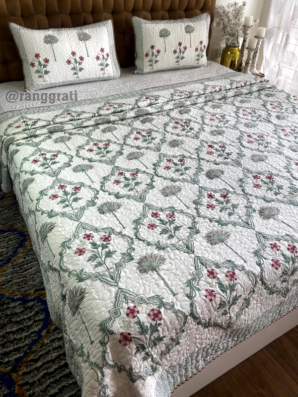 Sea Green Jaal Floral Mulmul Voile Quilted Bedcover King Size

