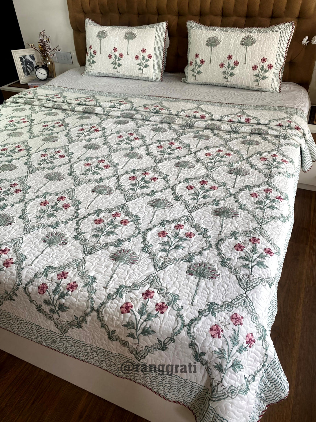 King Size Sea Green Jaal Floral Mulmul Voile Quilted Bedcover