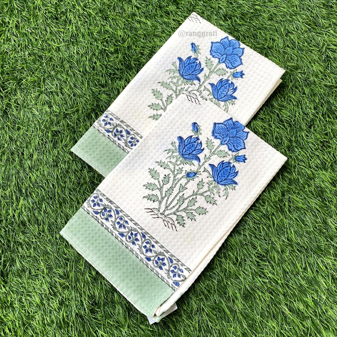 Set of 2 Hand Towel Blue Floral Hand Block Printed Pure Cotton - Hand Towel