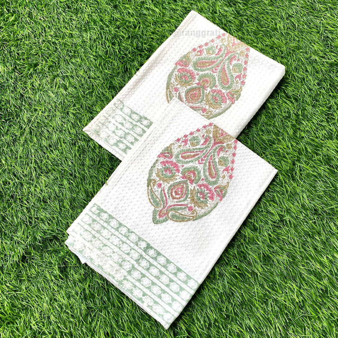 Set of 2 Hand Towel Green Paisley Floral Hand Block Printed Pure Cotton - Hand Towel