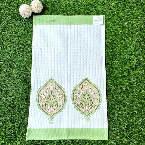 Set of 2 Hand Towels - Light Green Floral Hand Block Printed - Hand Towel