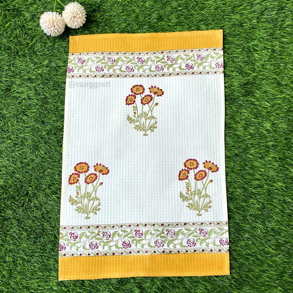Set of 2 Hand Towels - Yellow Red Floral Hand Block Printed - Hand Towel