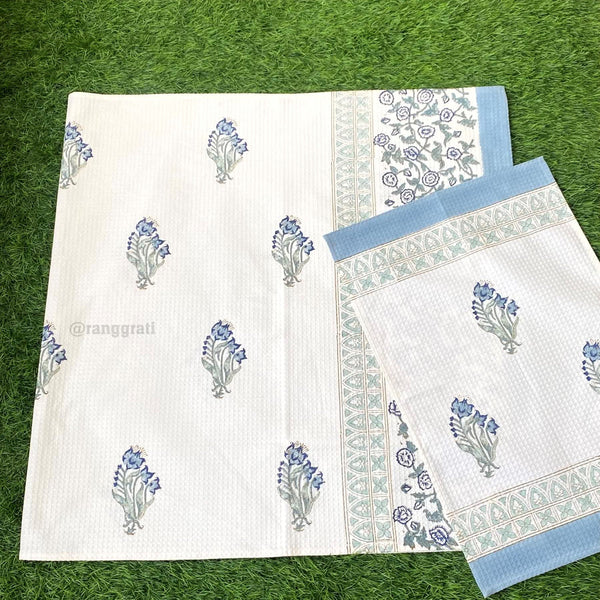 Set of Body & Hand Towel Blue Floral Waffle Pure Cotton - Body Towel