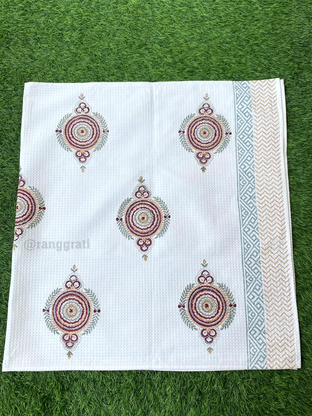 Set of Body & Hand Towel Red Geometric Waffle Pure Cotton - Body Towel
