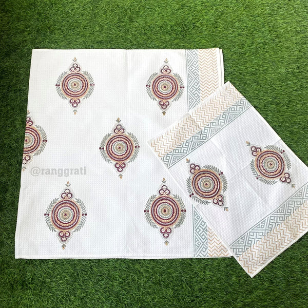 Set of Body & Hand Towel Red Geometric Waffle Pure Cotton - Body Towel