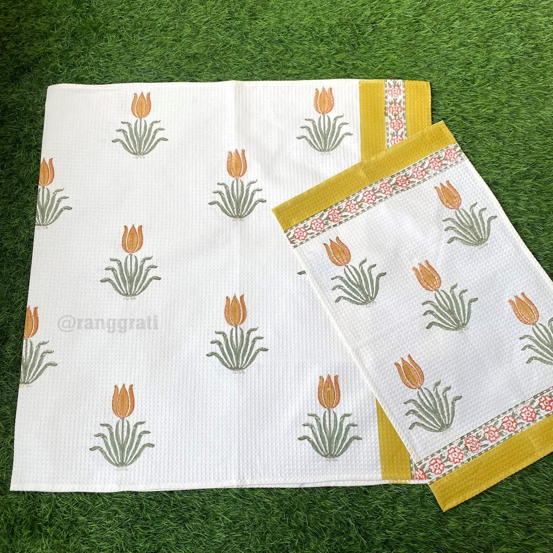 Set of Body & Hand Towel Yellow Floral Waffle Pure Cotton - Body Towel