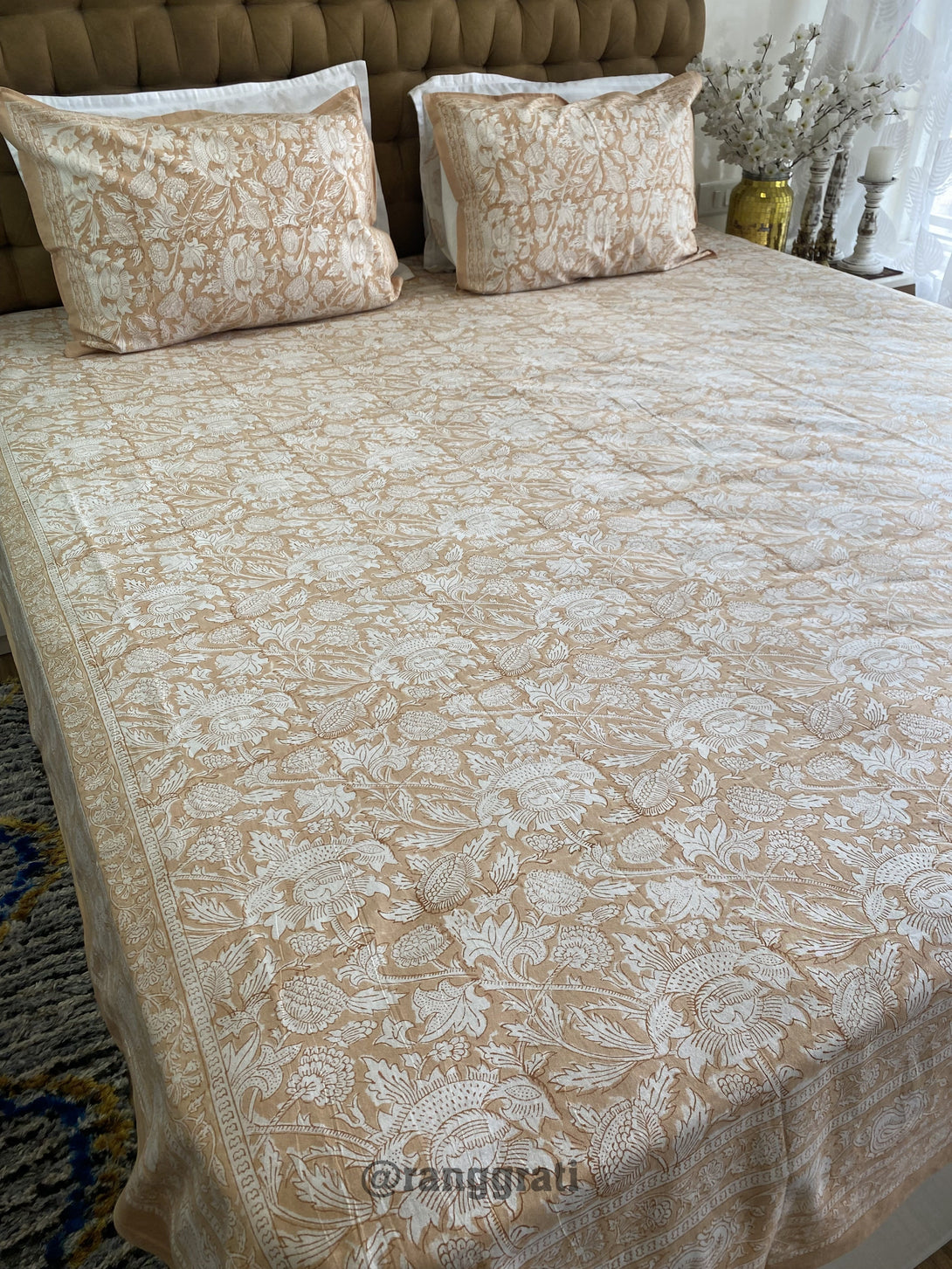 Skin Brown Floral Jaipuri Cotton Bedsheet King Size For Double Bed