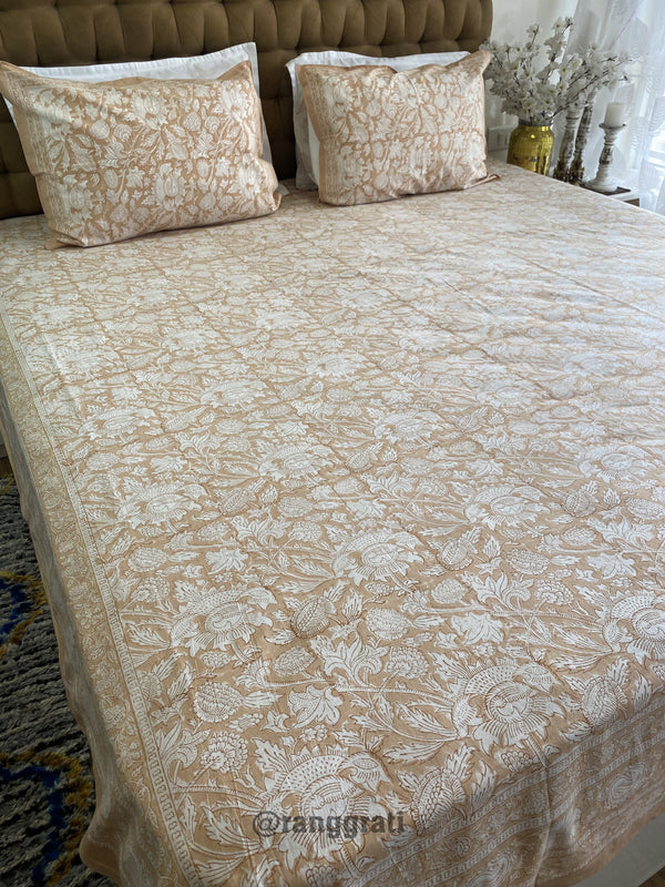 Skin Brown Floral Jaipuri Cotton Bedsheet King Size For Double Bed