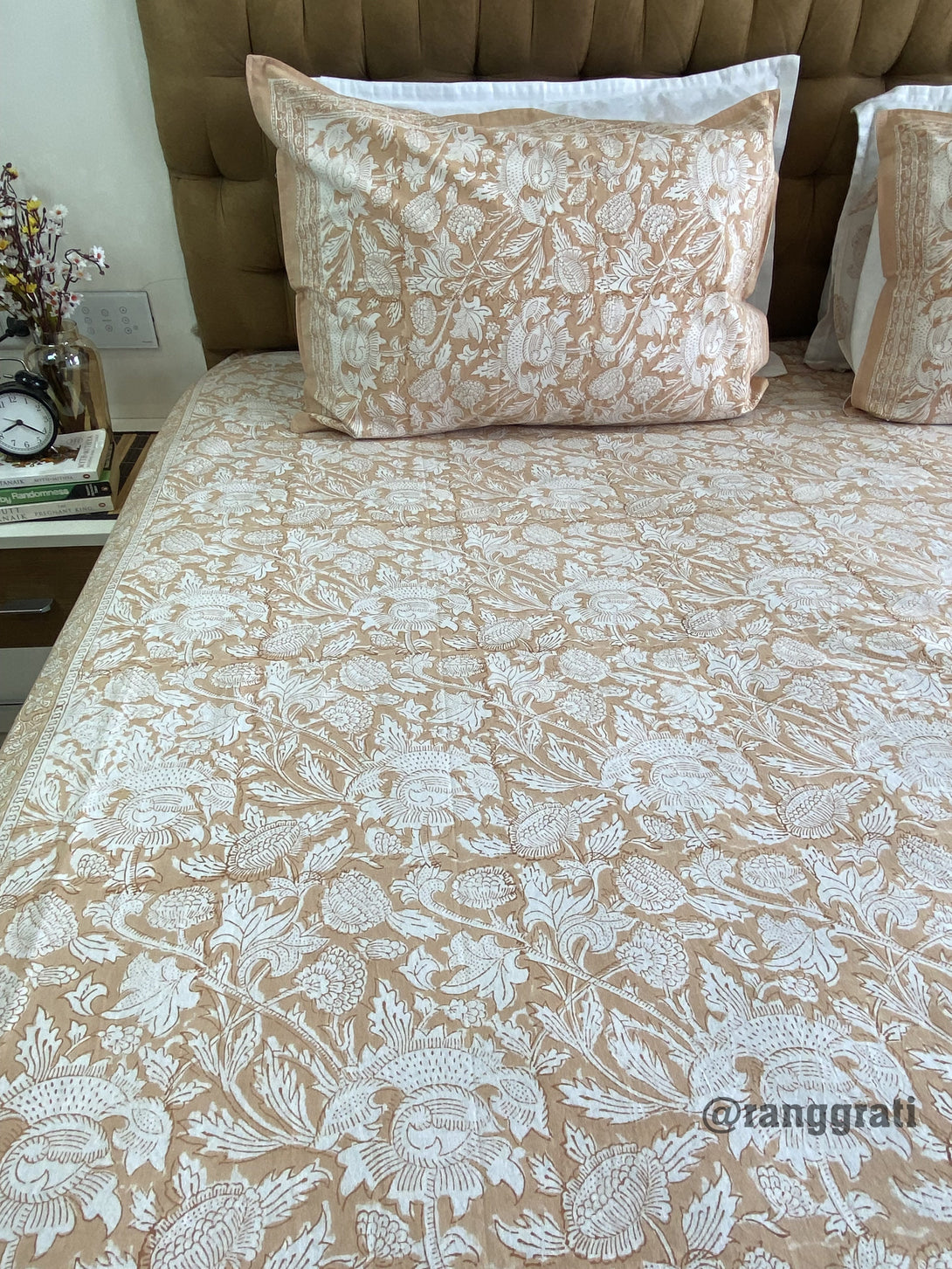 King Size Skin Brown Floral Jaipuri Cotton Bedsheet For Double Bed