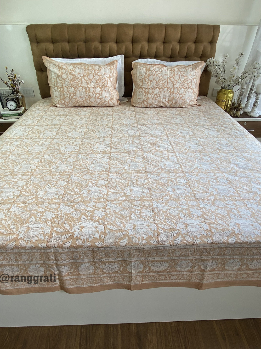 Skin Brown Floral Jaipuri Cotton Bedsheet For Double Bed King Size