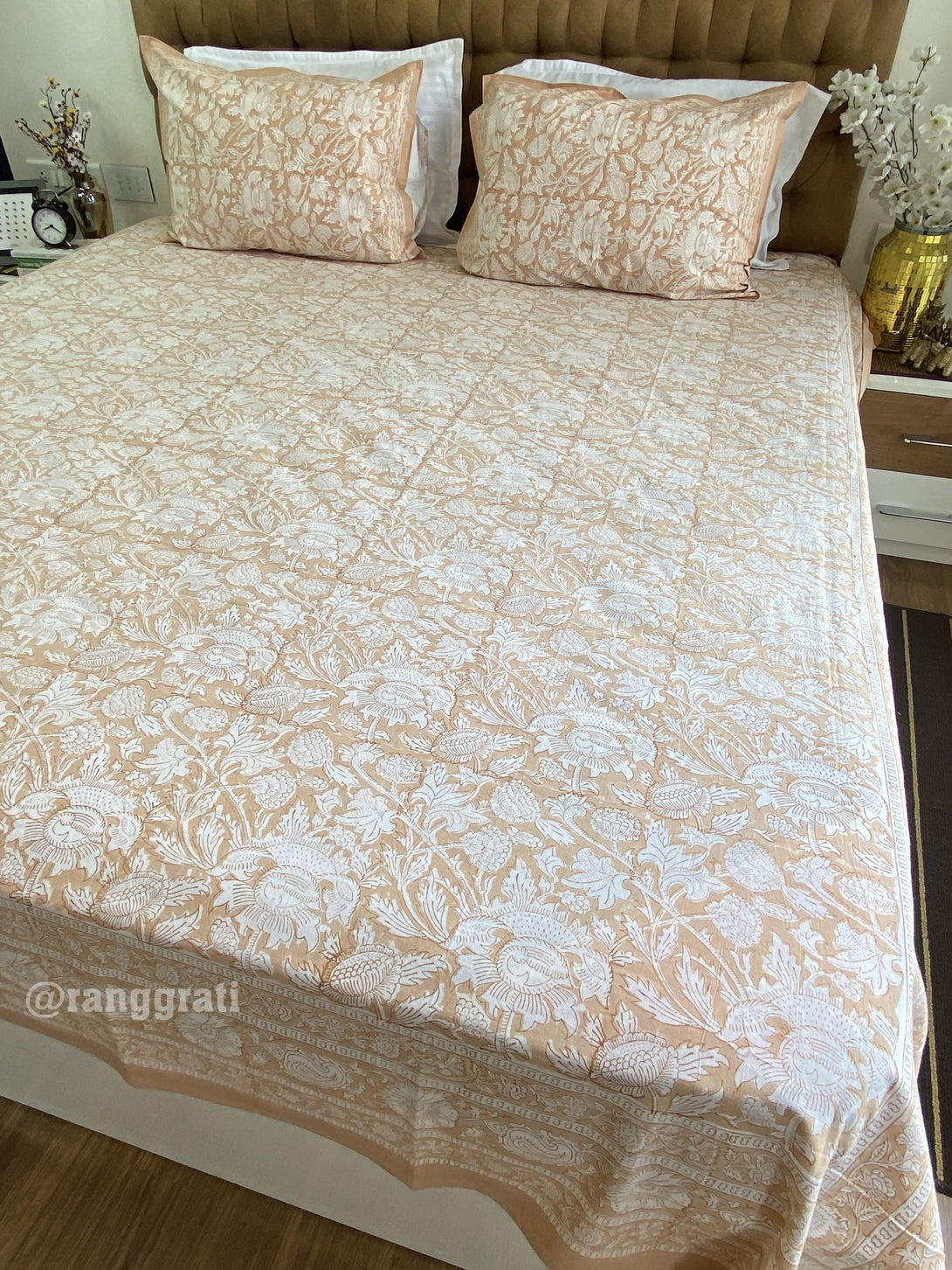 Jaipuri Cotton Skin Brown Floral Bedsheet King Size For Double Bed