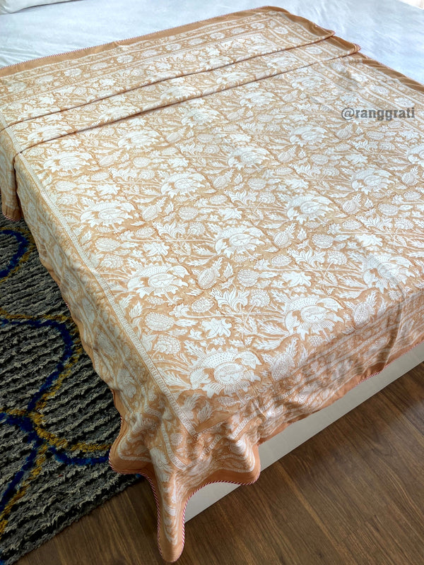 Skin Brown Floral Dohar For Single Bed In Mulmul Cotton Reversible