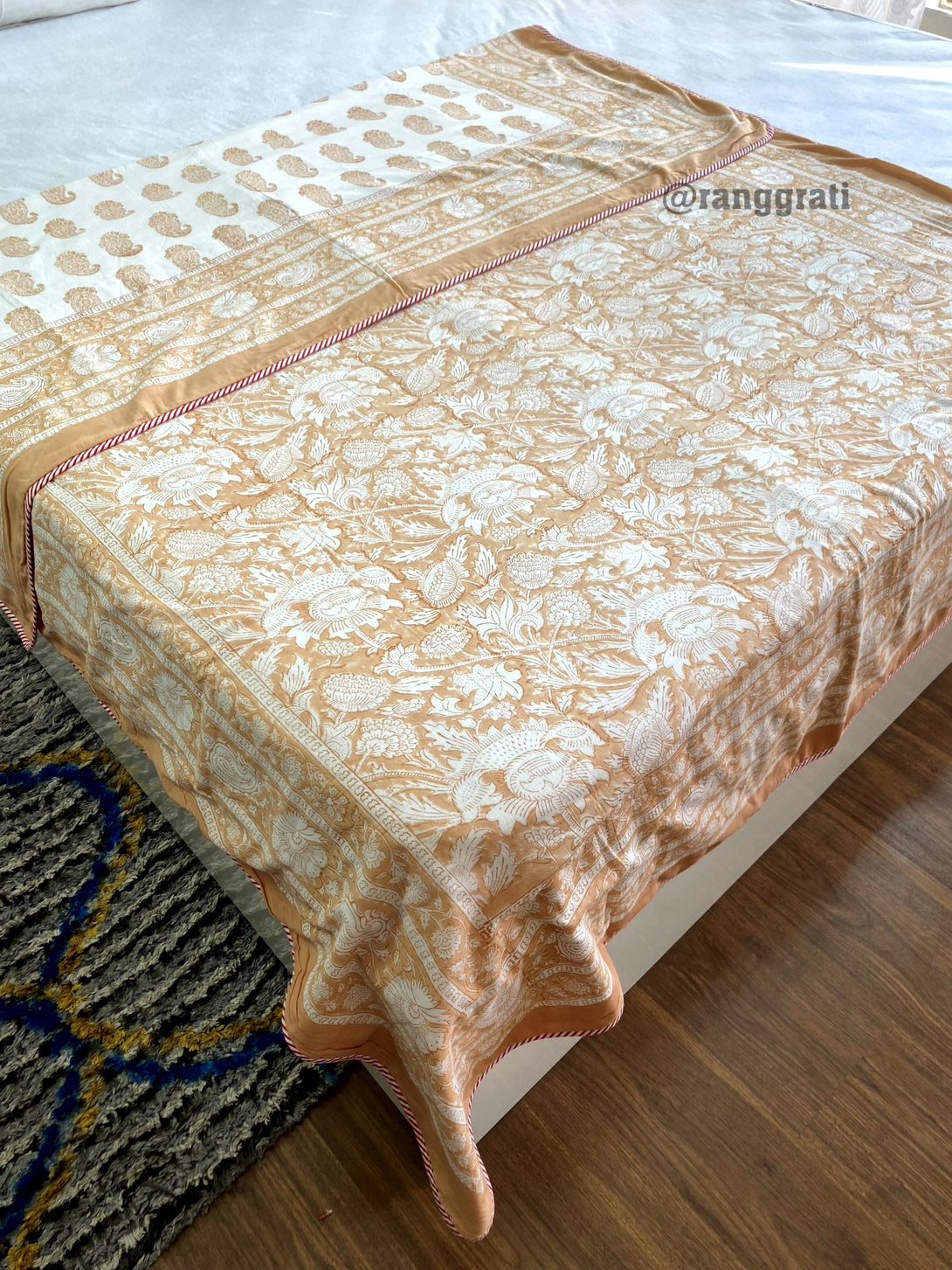 Reversible Skin Brown Floral Dohar For Single Bed In Mulmul Cotton