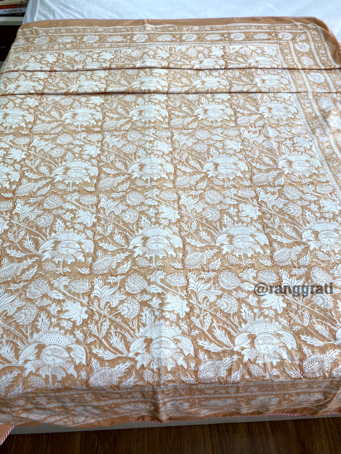 Skin Brown Floral Dohar In Mulmul Cotton Reversible For Single Bed