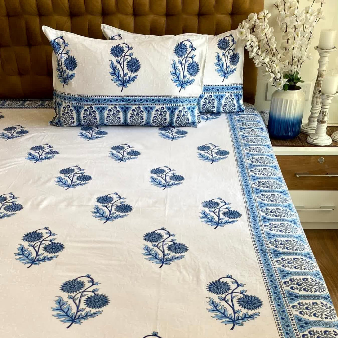 Sky Blue Hand Block Jaipuri Cotton Bedsheet King Size - Bedsheet