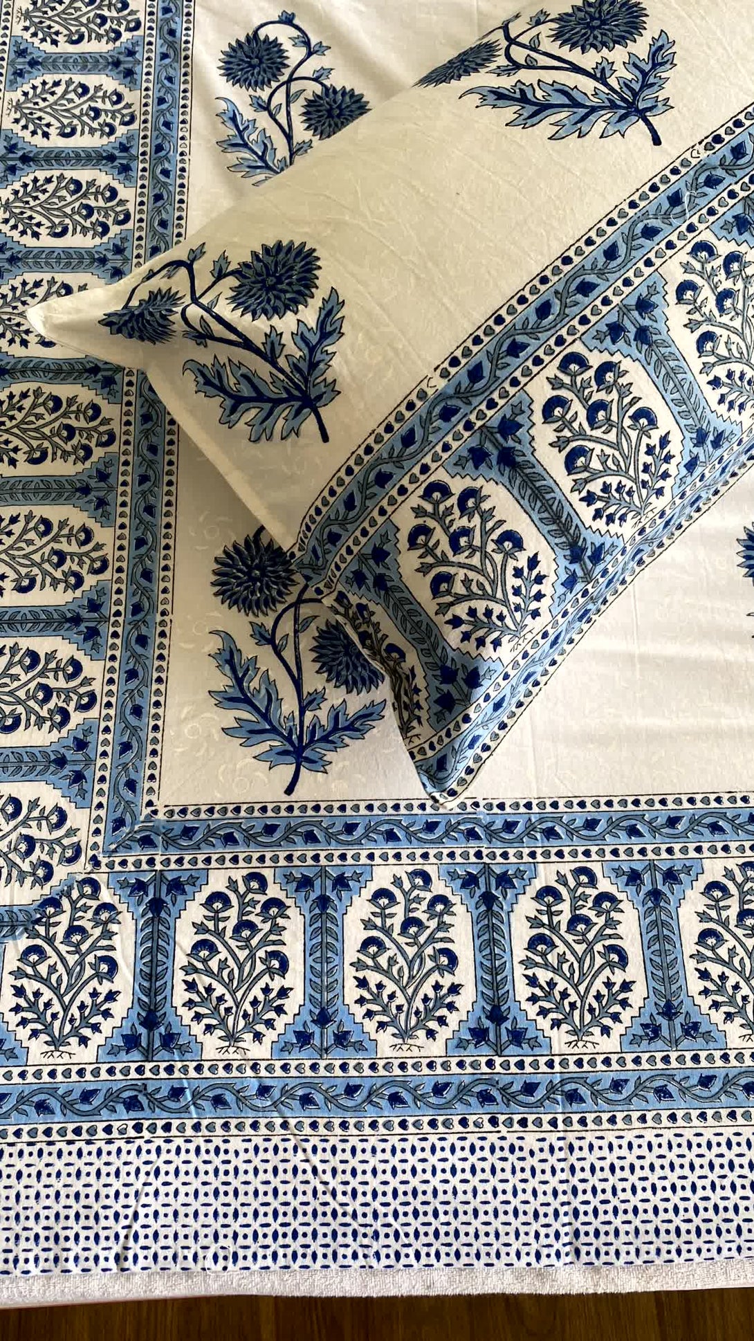 Sky Blue Hand Block Jaipuri Cotton Bedsheet King Size - Bedsheet