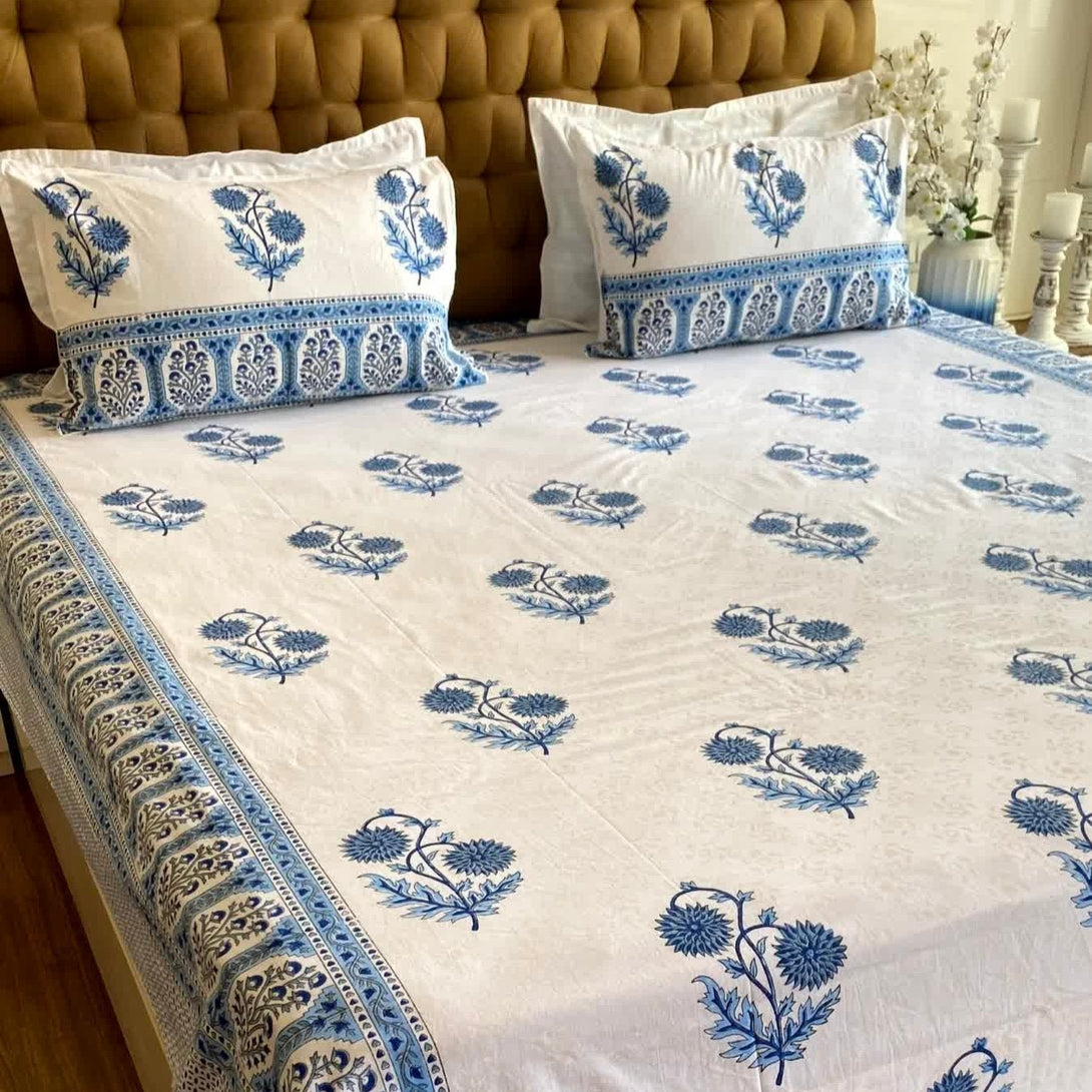 Sky Blue Hand Block Jaipuri Cotton Bedsheet King Size - Bedsheet