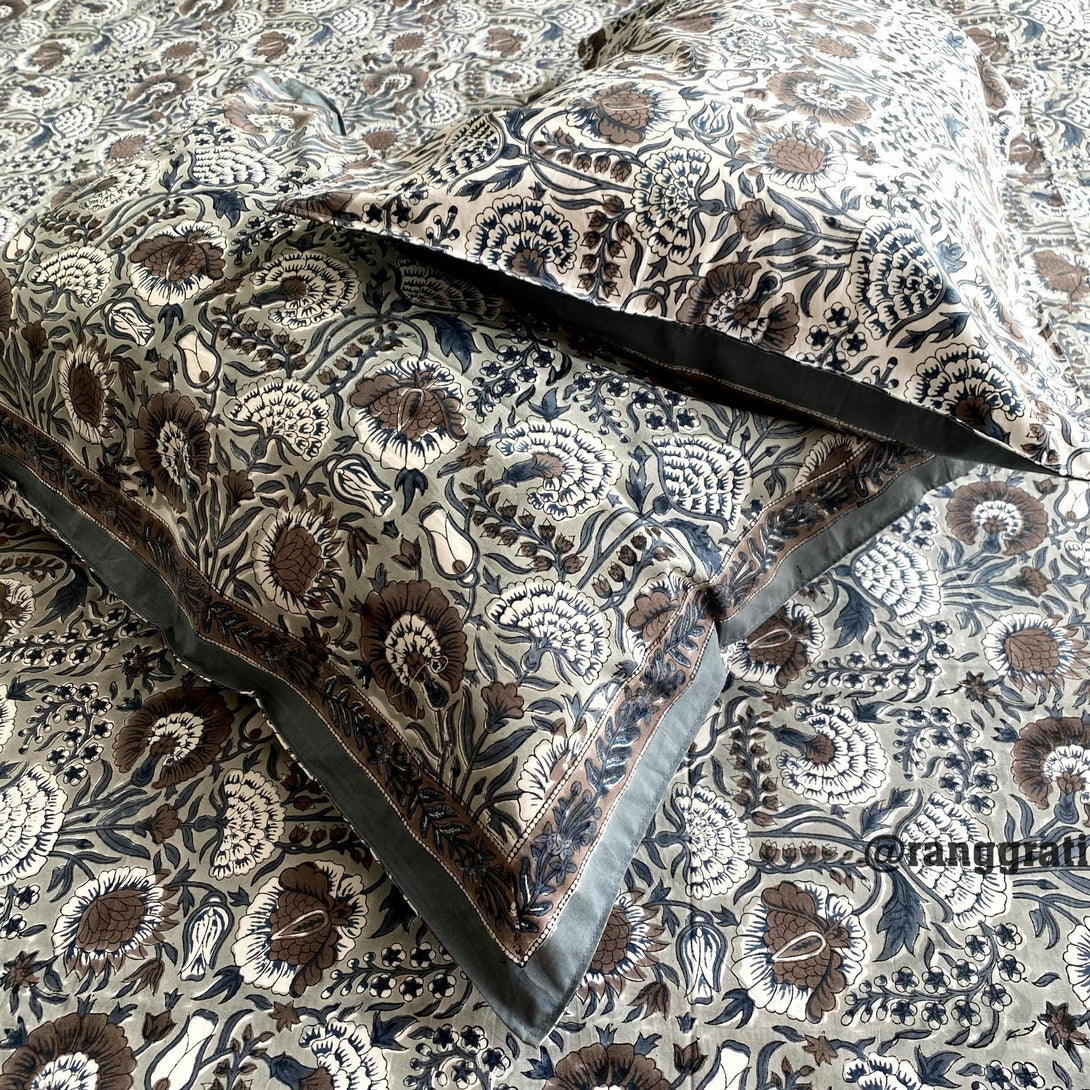 Slate Grey Floral Super King Size 250 TC Bedsheet Cotton Hand Block - Bedsheet