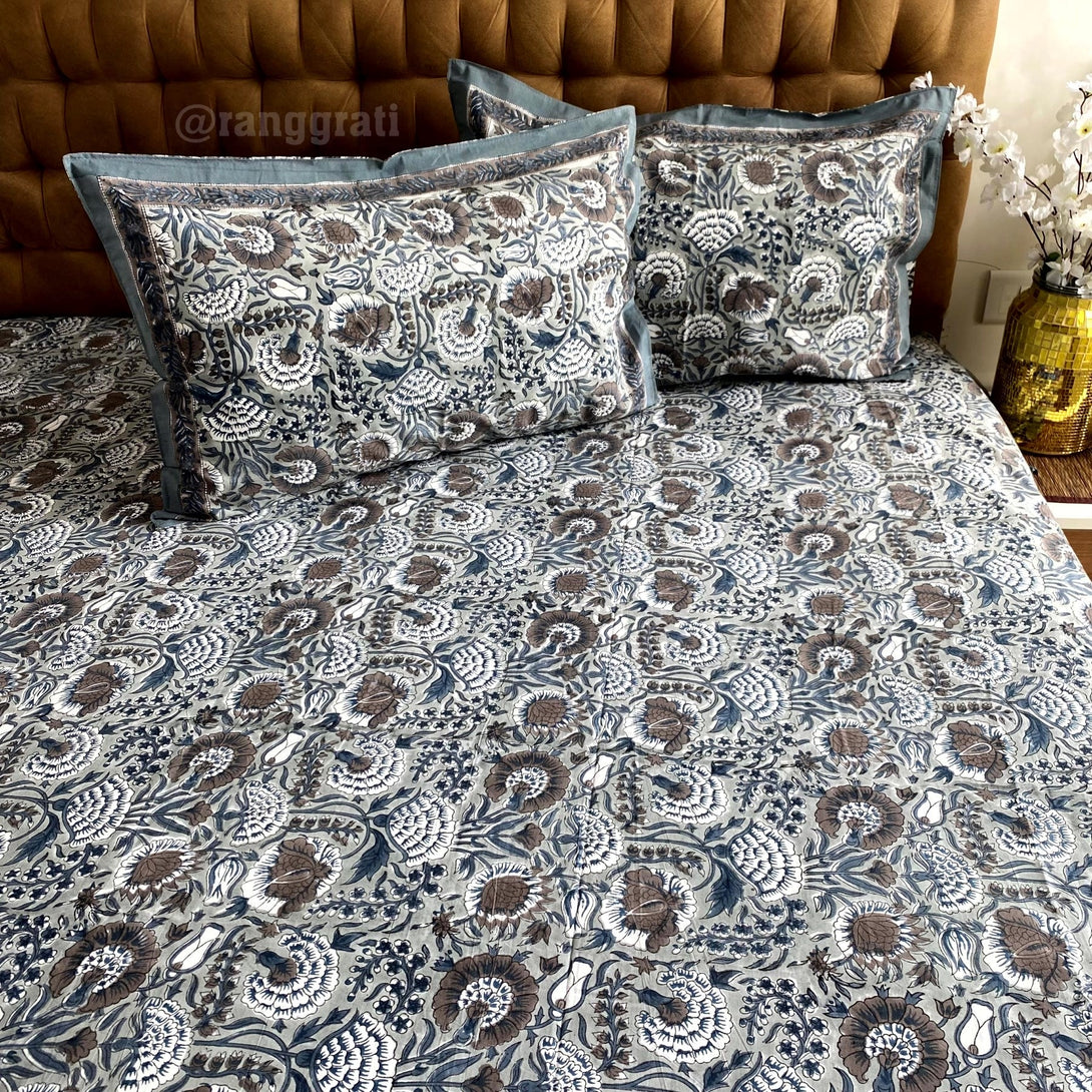 Slate Grey Floral Super King Size 250 TC Bedsheet Cotton Hand Block - Bedsheet