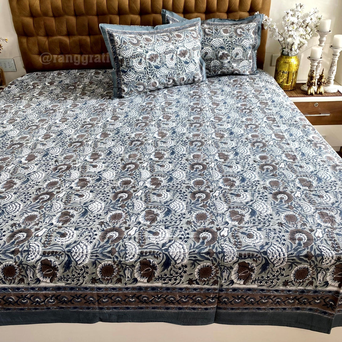 Slate Grey Floral Super King Size 250 TC Bedsheet Cotton Hand Block - Bedsheet