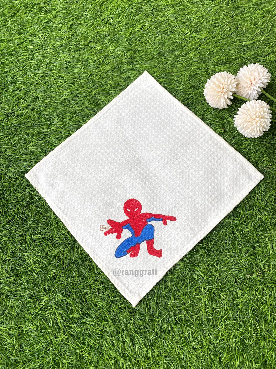 Spider Man Hand Block Printed Face Towel In Pure Cotton Waffle