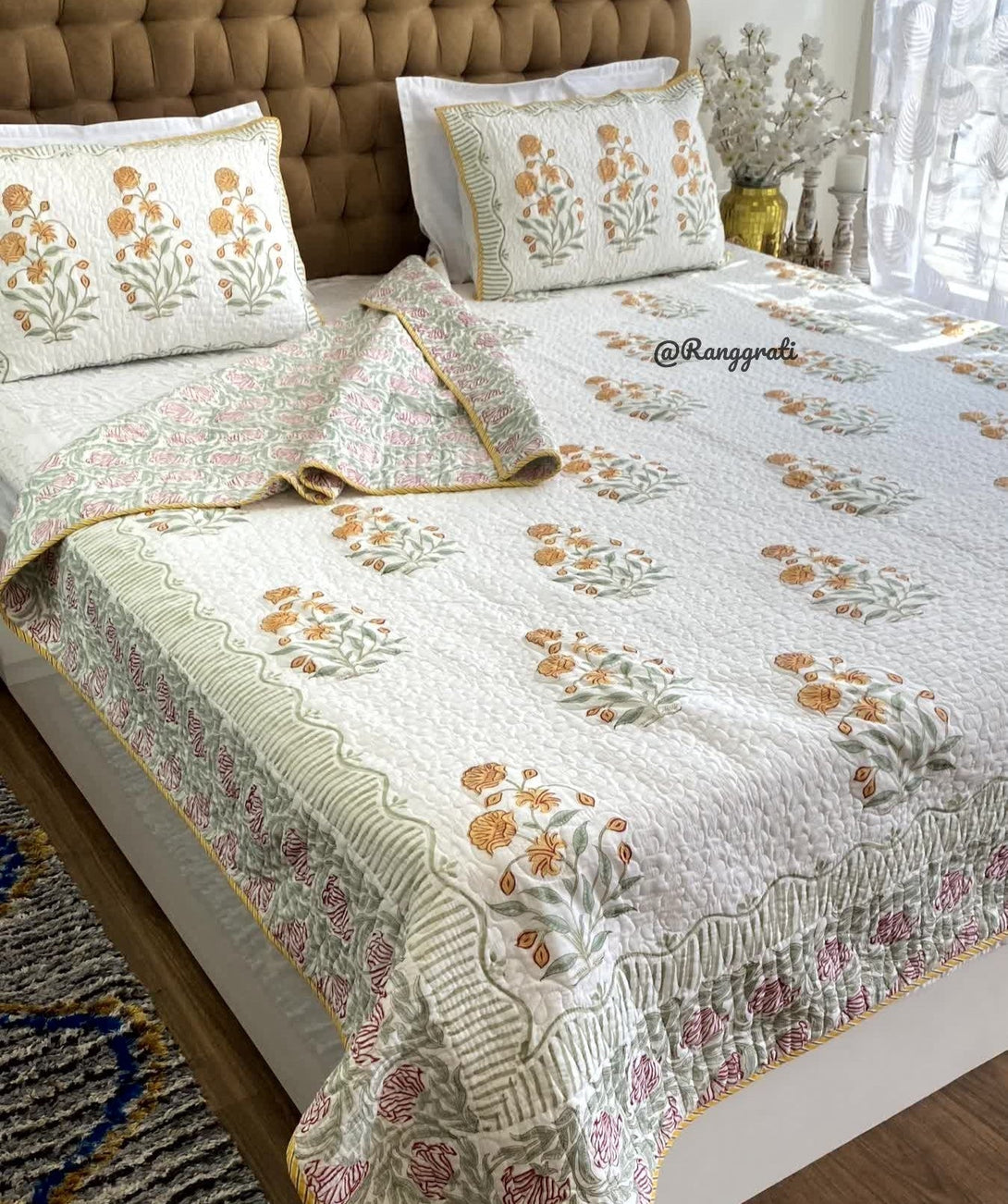 Splendid Yellow Quilted Bedcover Mulmul Voile Reversible King Size - Bedcover