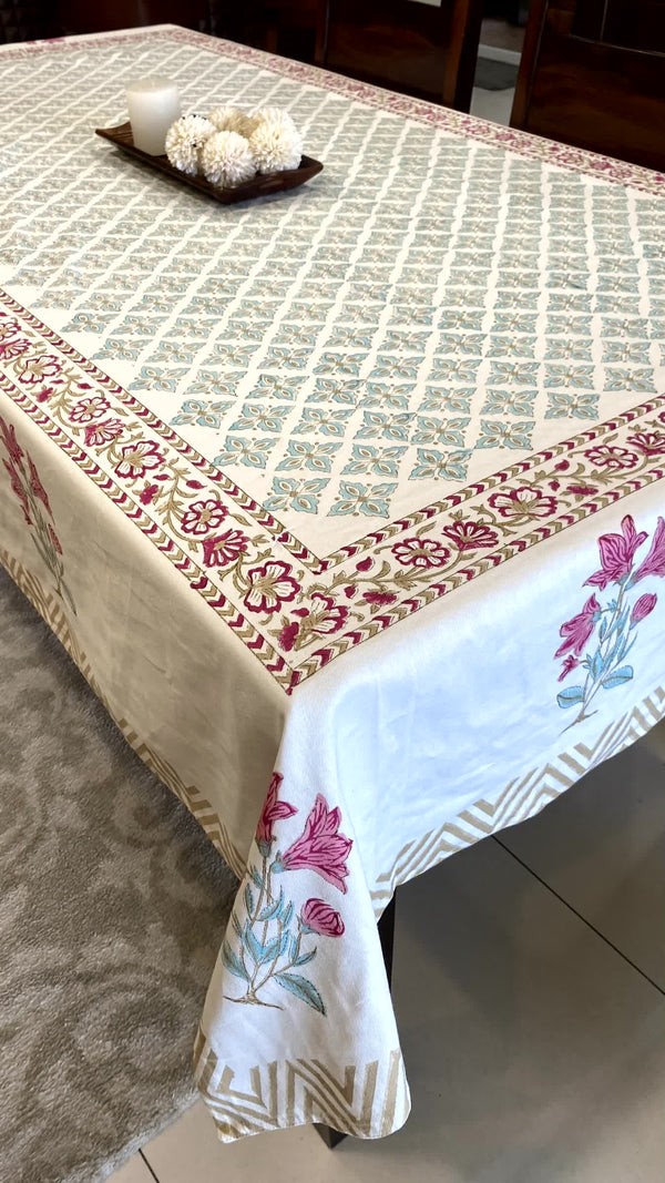 Table Cover 6 Seater Teal Pink Floral Canvas Cotton - Table Cover