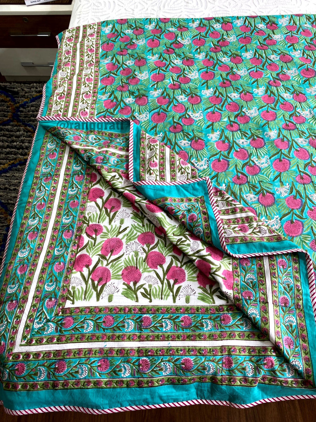 Teal And Pink Floral Dohar For Double Bed In Mulmul Cotton Blanket - Dohar