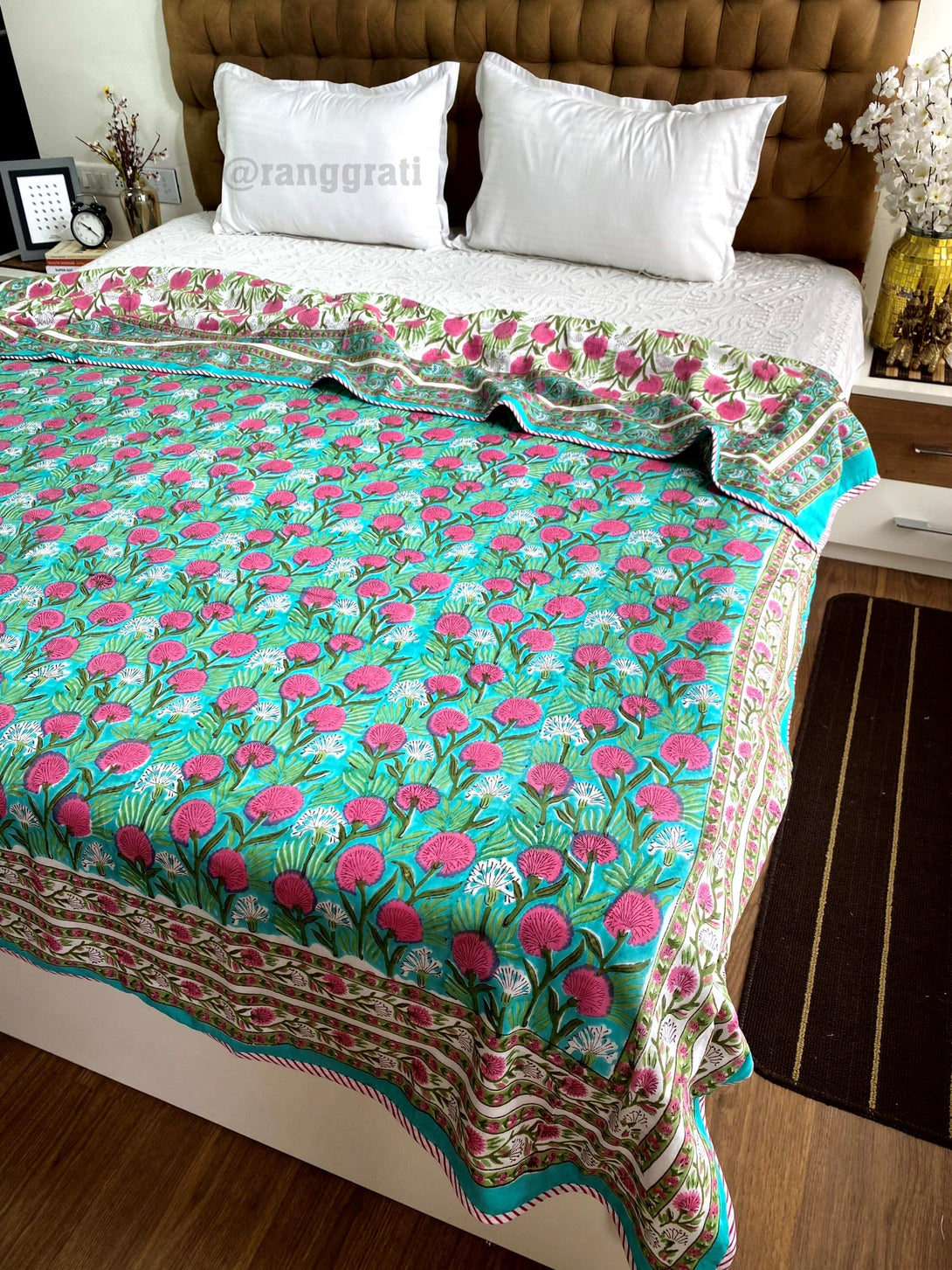 Teal And Pink Floral Dohar For Double Bed In Mulmul Cotton Blanket - Dohar
