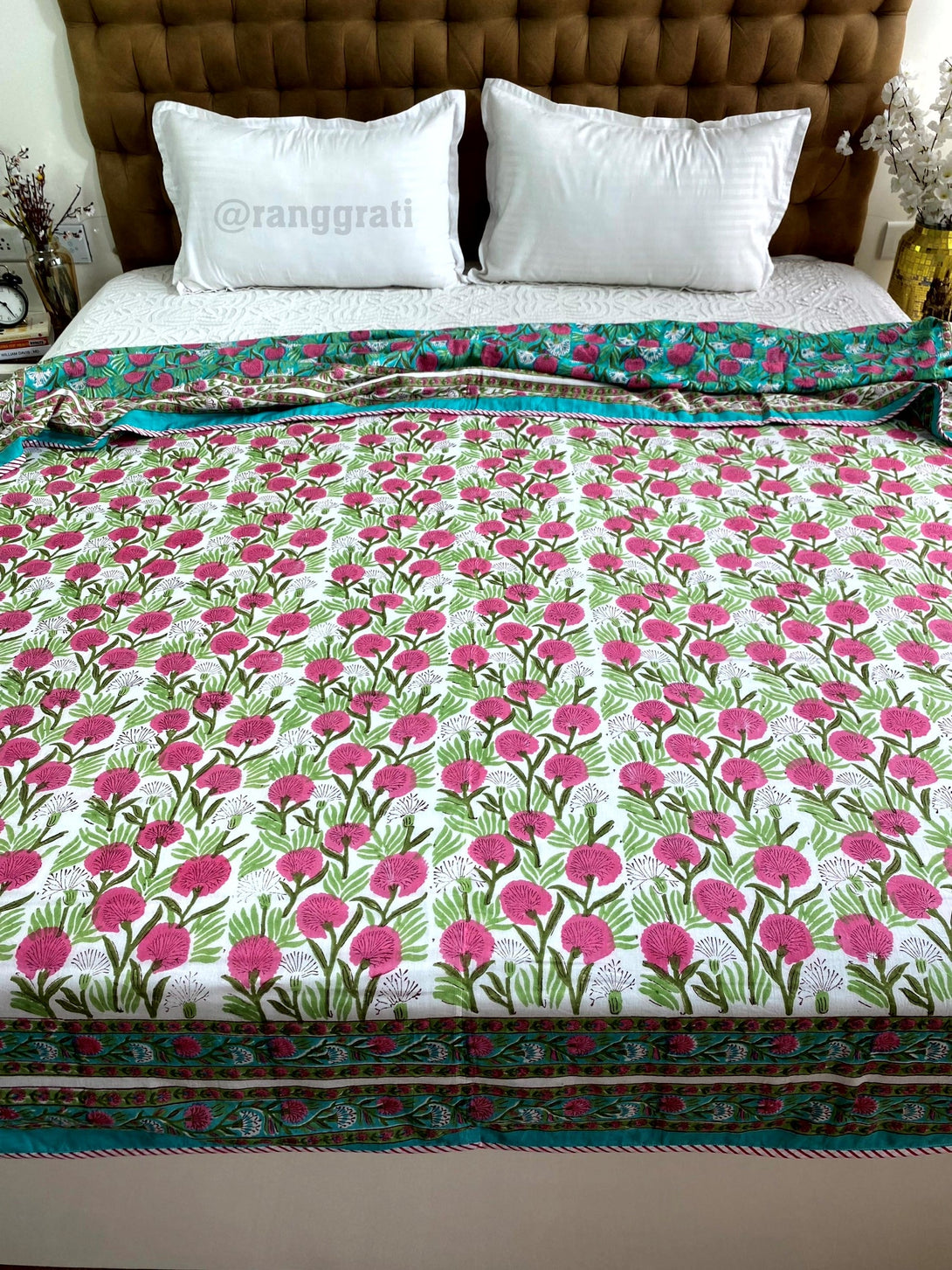 Teal And Pink Floral Dohar For Double Bed In Mulmul Cotton Blanket - Dohar