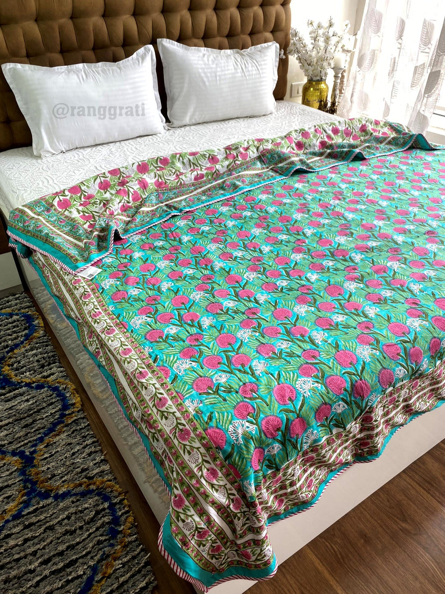 Teal And Pink Floral Dohar For Double Bed In Mulmul Cotton Blanket