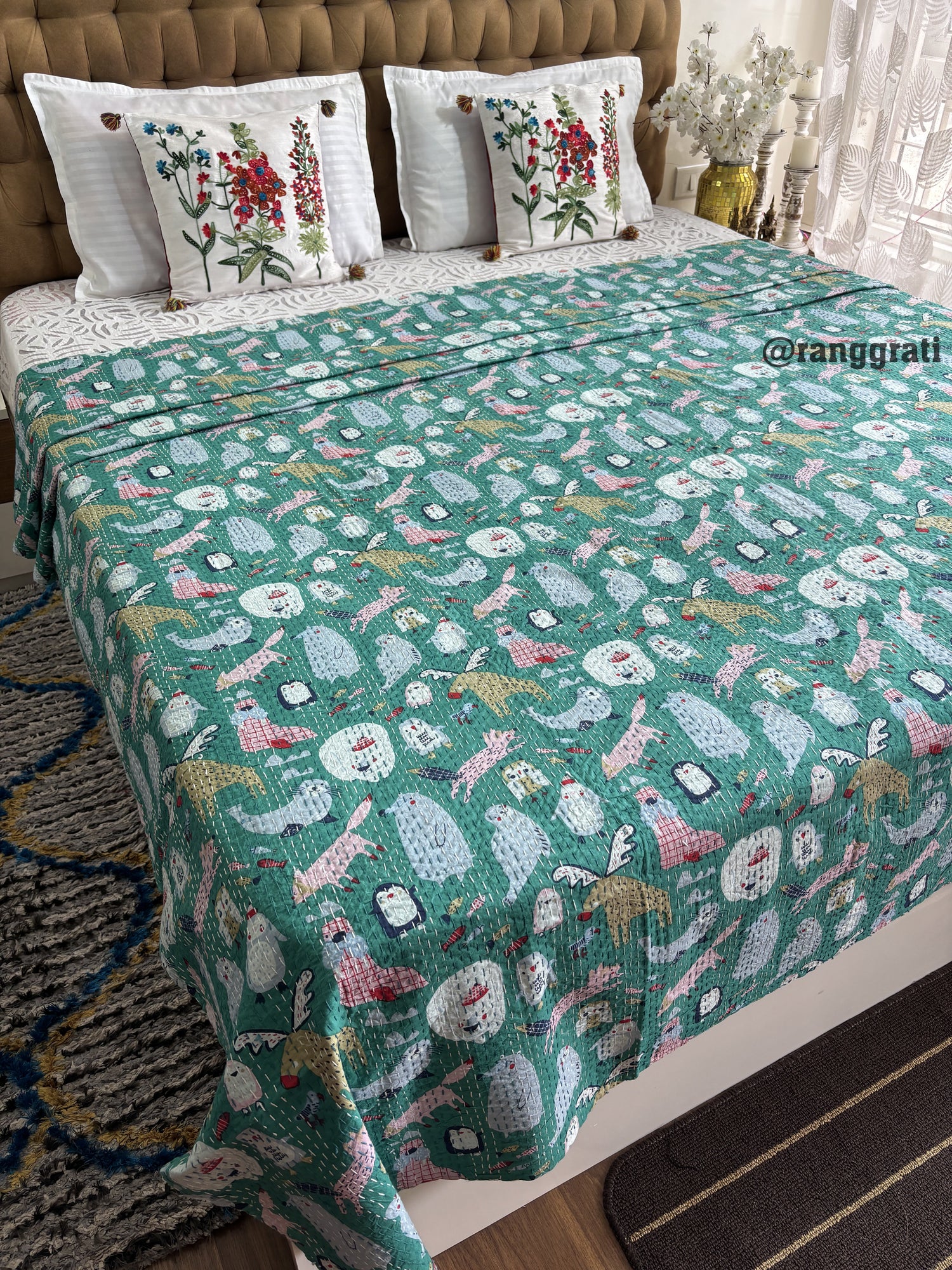 King Size Teal Animal Kantha Bedcover For Double Bed 