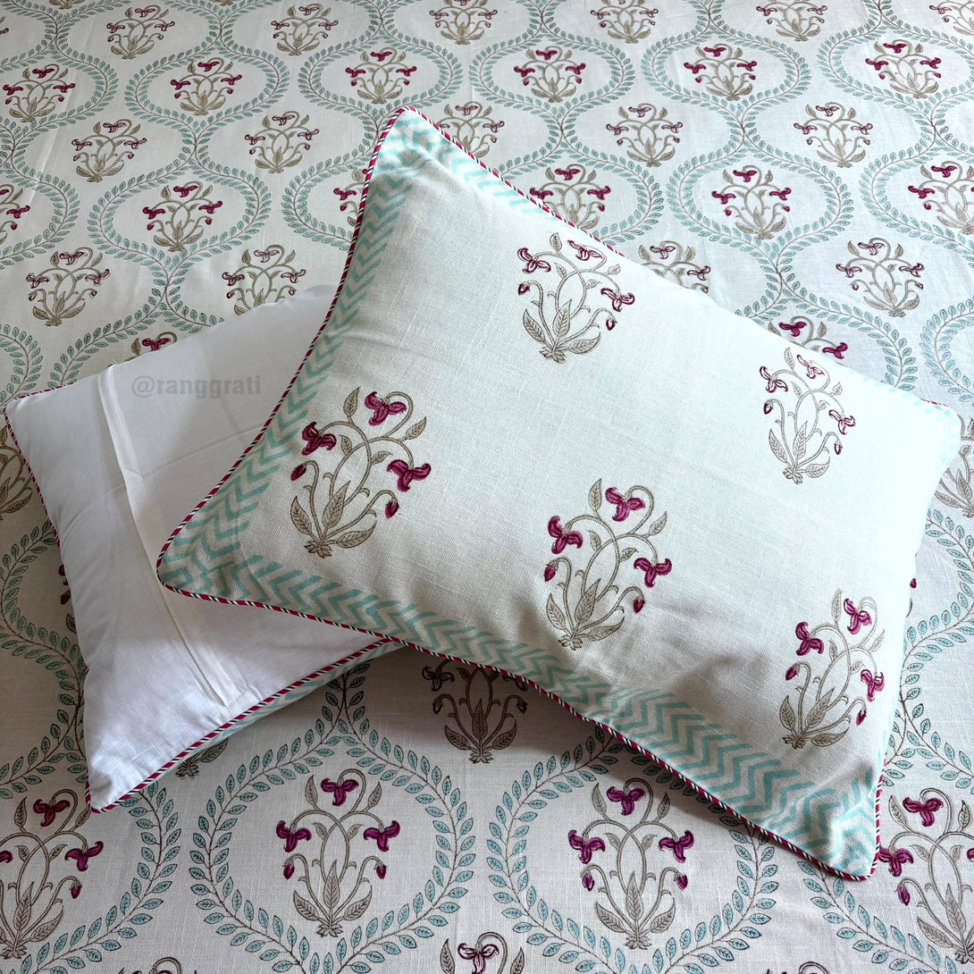 Teal Border Red Trillium Floral Slub Cotton Bedcover King Size - Bedcover