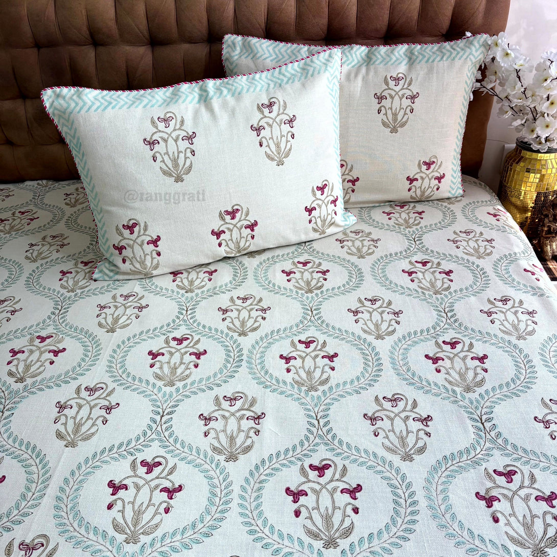 Teal Border Red Trillium Floral Slub Cotton Bedcover King Size - Bedcover