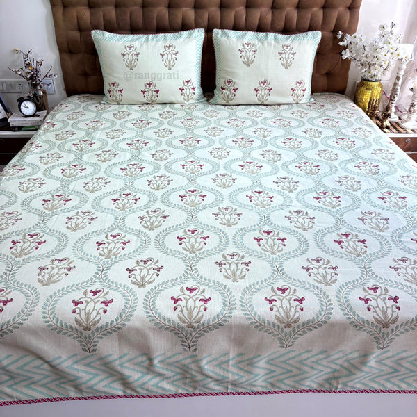 Teal Border Red Trillium Floral Slub Cotton Bedcover King Size - Bedcover