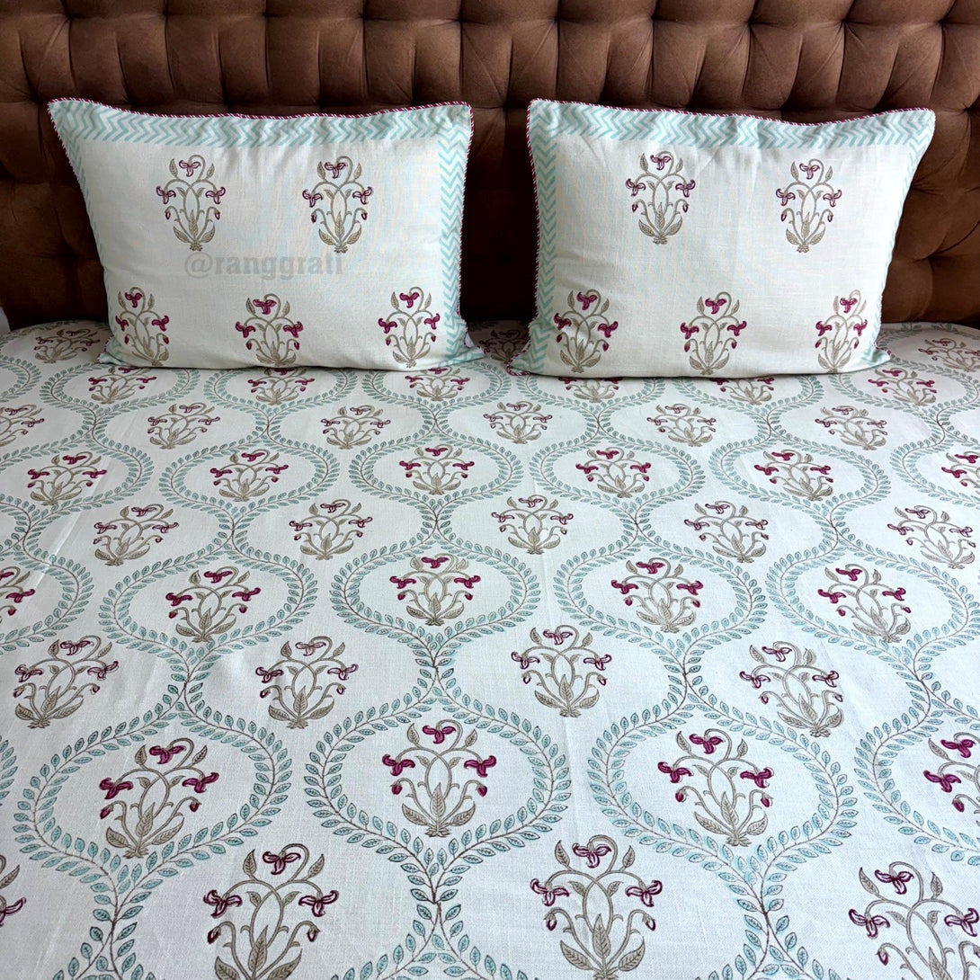 Teal Border Red Trillium Floral Slub Cotton Bedcover King Size - Bedcover