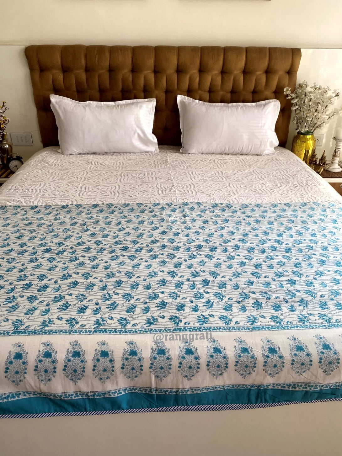 Teal Floral Double Dohar For Double Bed In Mulmul Cotton - Dohar