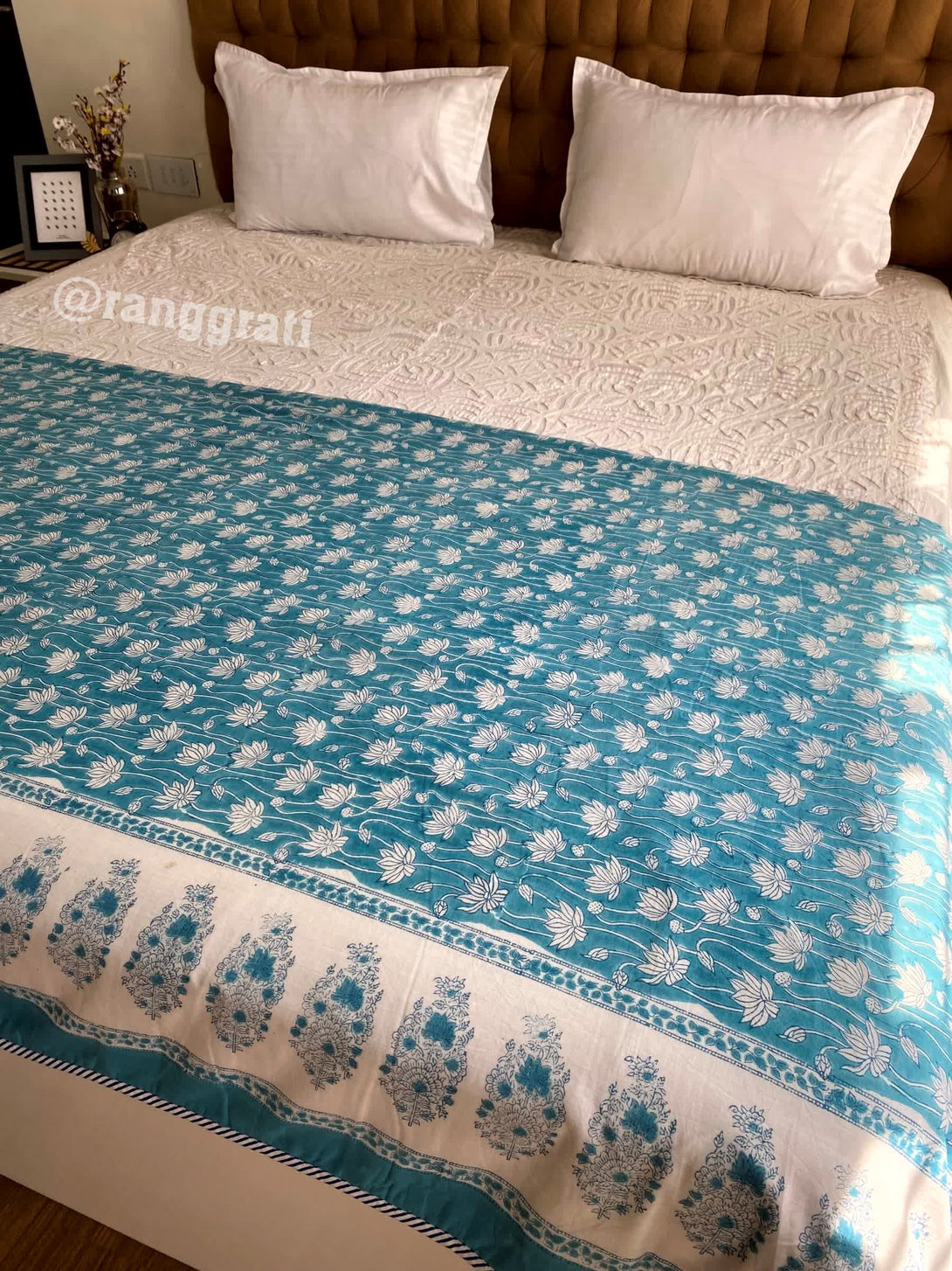 Teal Floral Double Dohar For Double Bed In Mulmul Cotton - Dohar