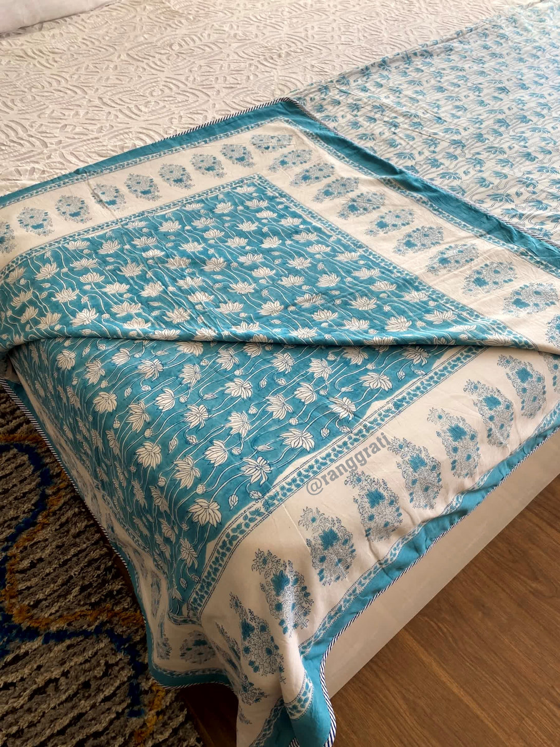 Teal Floral Double Dohar For Double Bed In Mulmul Cotton - Dohar