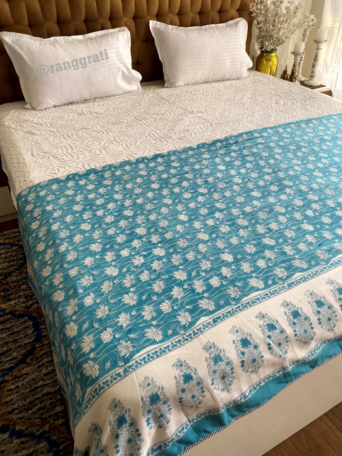 Teal Floral Double Dohar For Double Bed In Mulmul Cotton - Dohar