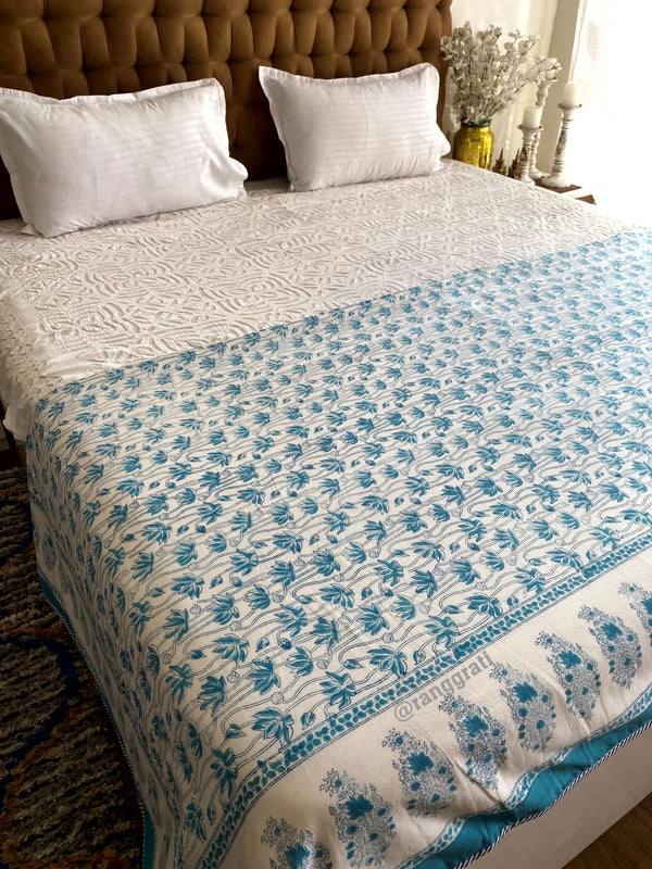 Teal Floral Double Dohar For Double Bed In Mulmul Cotton - Dohar